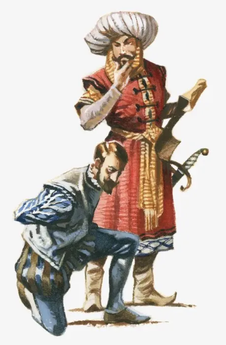 Framed Print : Illustration of Algerian corsair standing over Cervantes who is kneeling with hands tied behind back Framed Print : Illustration of Algerian corsair standing over Cervantes who is kneeling with hands tied behind back