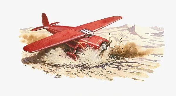Illustration of Amelia Earharts Lockheed Vega crash landing in desert