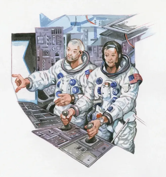 Framed Print : Illustration of American astronauts in space vehicle Framed Print : Illustration of American astronauts in space vehicle