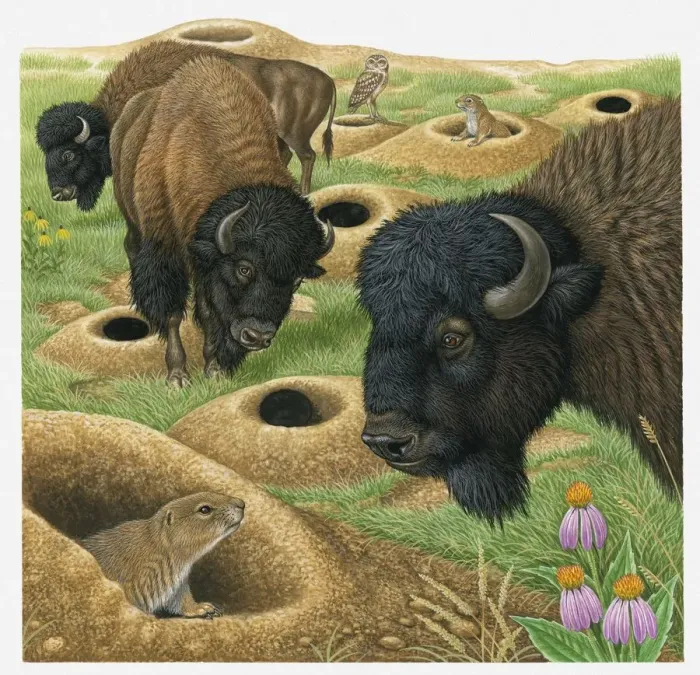 Framed Print : Illustration of American Bison looking at burrow and Black-tailed Prairie Dog, with Burrowing Owls in background Framed Print : Illustration of American Bison looking at burrow and Black-tailed Prairie Dog, with Burrowing Owls in background