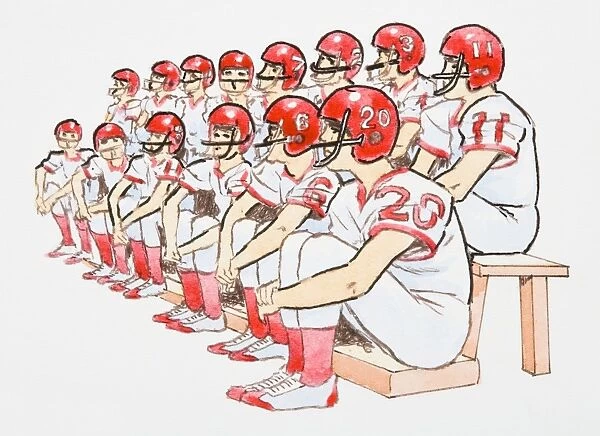 Illustration of American football team sitting in rows on benches