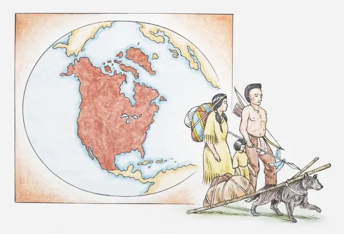 Framed Print : Illustration of American Indian family in front of a map of North America Framed Print : Illustration of American Indian family in front of a map of North America