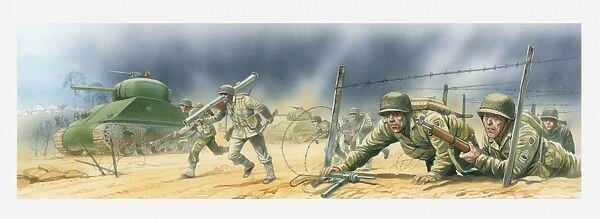 Illustration of American soldiers invading the Normandy beaches during World War Two
