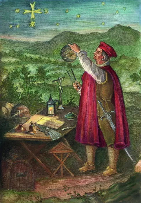 Framed Print : Illustration of Amerigo Vespucci Using Astrolabe