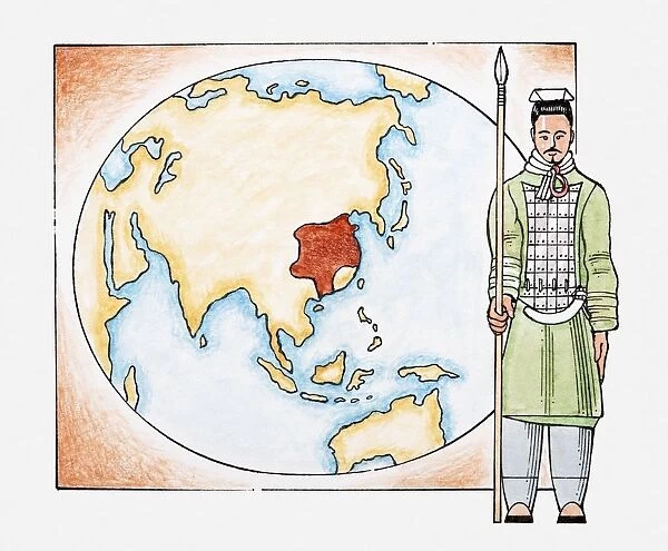 Illustration of ancient Chinese warrior in front of a map of China