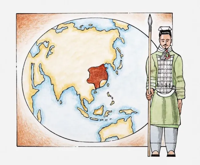 Framed Print : Illustration of ancient Chinese warrior in front of a map of China Framed Print : Illustration of ancient Chinese warrior in front of a map of China