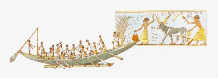 Framed Print : Illustration of ancient Egyptian boat and painting showing agricultural scene Framed Print : Illustration of ancient Egyptian boat and painting showing agricultural scene