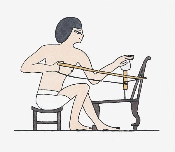 Illustration of Ancient Egyptian carpenter using drill to bore hole in chair
