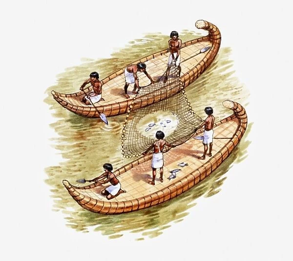 Illustration of two Ancient Egyptian fishing boats on the river Nile, side by side, linked together by net used to scoop up fish