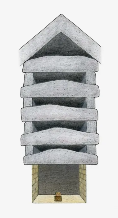 Framed Print : Illustration of Ancient Egyptian grave chamber showing five huge stone cavities made from granite slabs with sarcophagus at base Framed Print : Illustration of Ancient Egyptian grave chamber showing five huge stone cavities made from granite slabs with sarcophagus at base