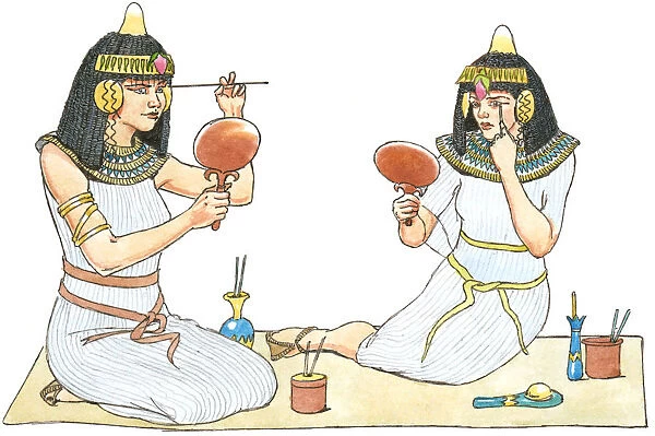 Illustration of ancient Egyptian women looking in mirrors to apply make-up