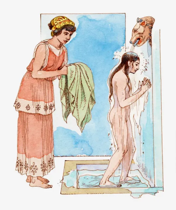 Framed Print : Illustration of ancient Greek girl taking a shower, female slave passing her a towel