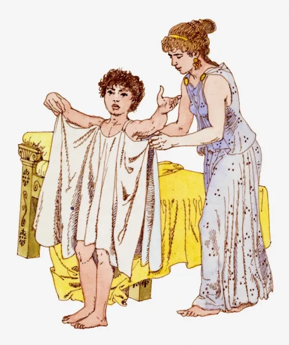Framed Print : Illustration of ancient Greek slave girl helping Greek boy dress Framed Print : Illustration of ancient Greek slave girl helping Greek boy dress