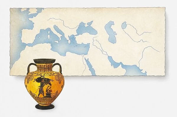 Illustration of ancient Greek urn in front of map showing the wider area where Greek pottery has been found