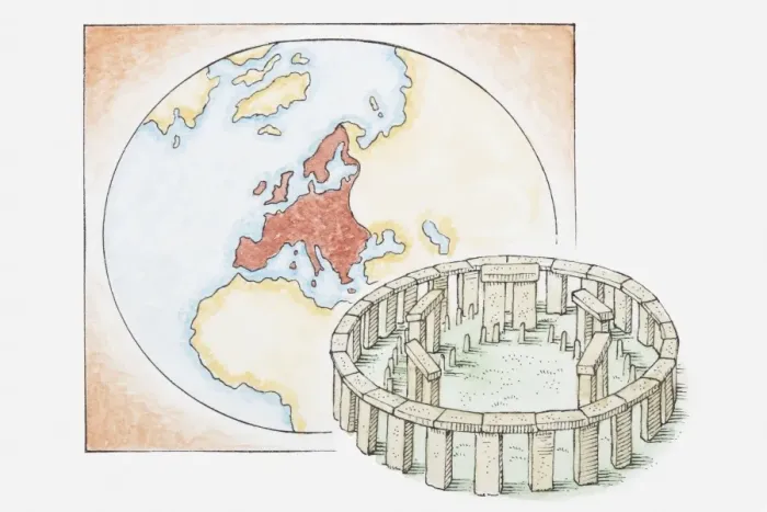 Framed Print : Illustration of ancient stone circle in front of a map of Europe Framed Print : Illustration of ancient stone circle in front of a map of Europe