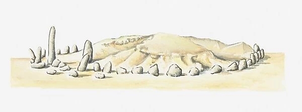 Illustration of ancient stone circle and tumulus at Msoura, Morocco