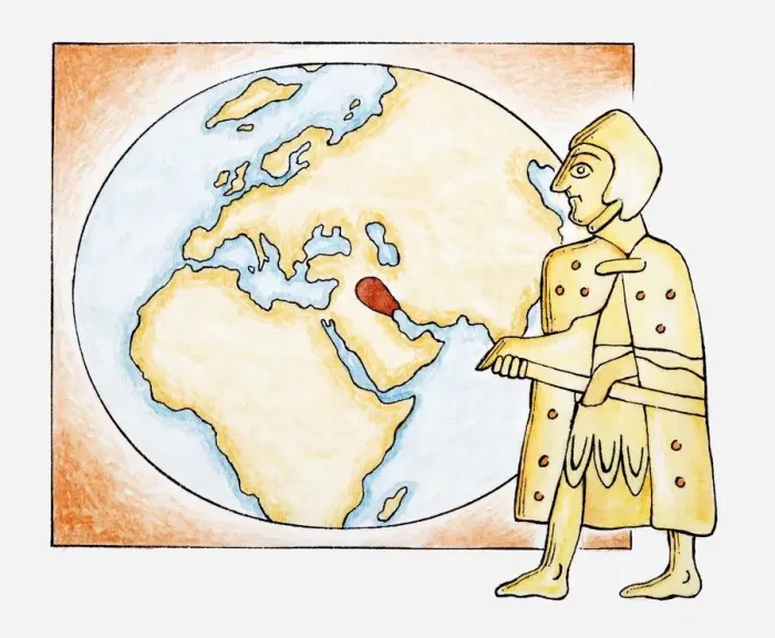 Framed Print : Illustration of ancient Sumerian next to a map highlighting ancient Sumer Framed Print : Illustration of ancient Sumerian next to a map highlighting ancient Sumer