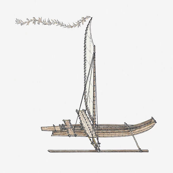 Illustration of ancient Tahitian outrigger canoe