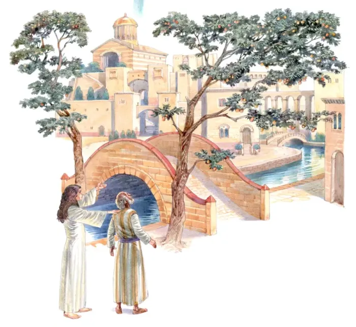 Framed Print : Illustration of angel reveal holy city of Jerusalem to John in a vision as water of life flows below bridge and tree of life grows on its banks Framed Print : Illustration of angel reveal holy city of Jerusalem to John in a vision as water of life flows below bridge and tree of life grows on its banks