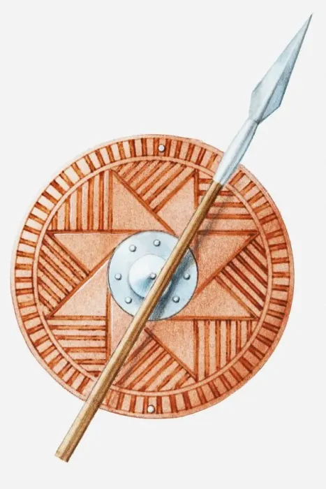 Framed Print : Illustration of Anglo Saxon ash spear and shied Framed Print : Illustration of Anglo Saxon ash spear and shied