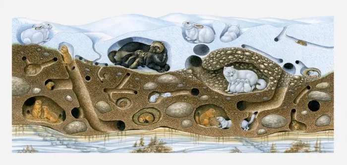 Framed Print : Illustration of animals in winter arctic burrow Framed Print : Illustration of animals in winter arctic burrow