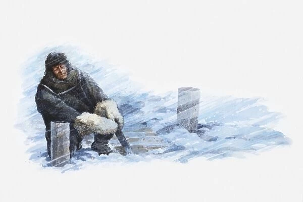 Illustration of Antarctic explorer in icy gale