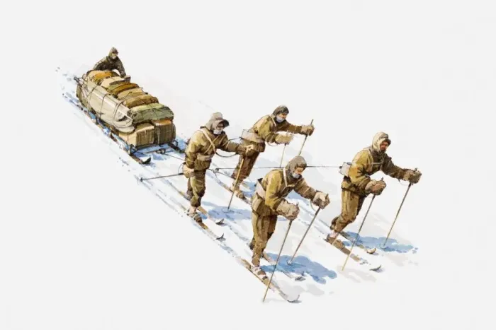 Framed Print : Illustration of Antarctic explorers on skis pulling sledge Framed Print : Illustration of Antarctic explorers on skis pulling sledge