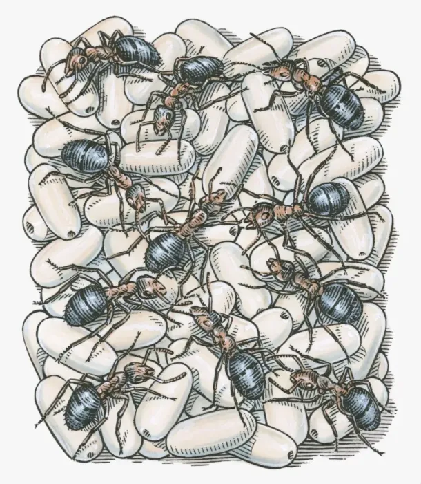 Framed Print : Illustration of ants on top of eggs