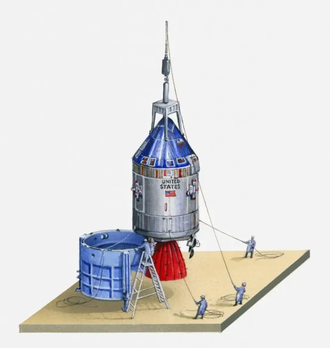 Framed Print : Illustration of Apollo 11 spacecraft being lifted into position Framed Print : Illustration of Apollo 11 spacecraft being lifted into position