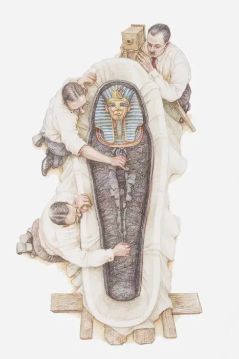 Framed Print : Illustration of archaeologists opening sarcophagus of Tutankhamun Framed Print : Illustration of archaeologists opening sarcophagus of Tutankhamun