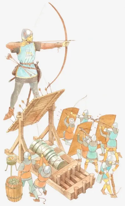 Framed Print : Illustration of archer with longbow, archers with shields, and cannon during Hundred Years War Framed Print : Illustration of archer with longbow, archers with shields, and cannon during Hundred Years War