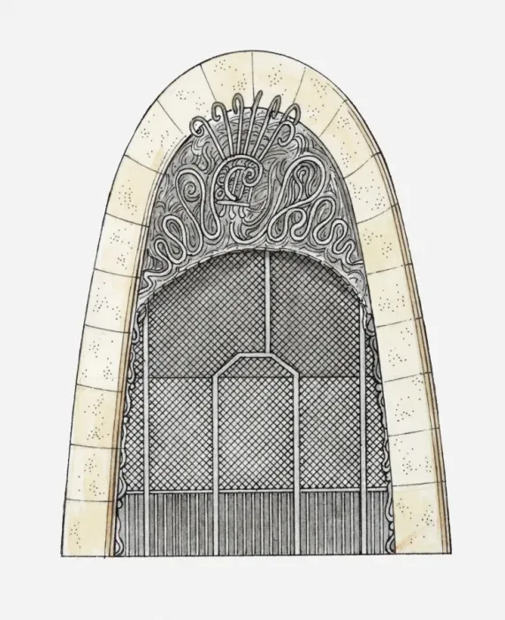 Framed Print : Illustration of Art Nouveau doorway, Palau Guell, Barcelona, Spain, 1885-1889