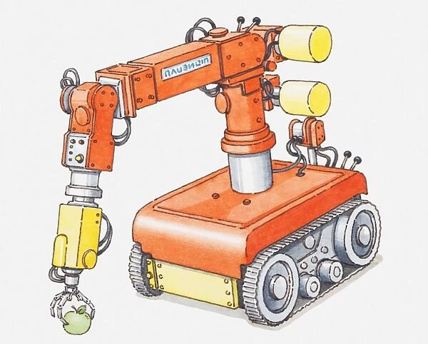 Illustration of articulated robot (robotic arm) picking up apple
