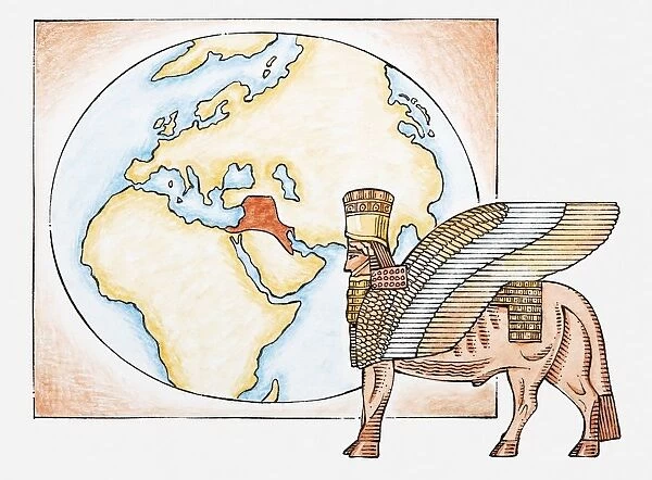 Illustration of Assyrian winged bull and map highlighting territory of ancient Assyria