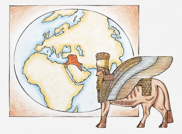 Framed Print : Illustration of Assyrian winged bull and map highlighting territory of ancient Assyria Framed Print : Illustration of Assyrian winged bull and map highlighting territory of ancient Assyria