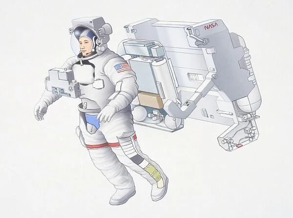 Illustration of Astronaut preparing for spacewalk, wearing spacesuit with American flag on sleeve, external oxygen tanks, and rocket propulsion pack, manoeuvering unit containing reserve oxygen tanks and battery behind man