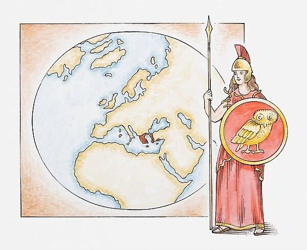 Illustration of Athena in front of map highlighting territory of ancient Greece