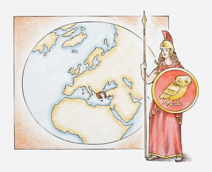 Framed Print : Illustration of Athena in front of map highlighting territory of ancient Greece Framed Print : Illustration of Athena in front of map highlighting territory of ancient Greece