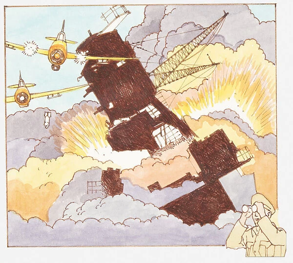 Illustration of the attack on Pearl Harbour by Japanese bombers during World War II, and inset of soldier looking through binoculars