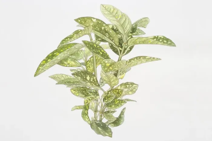 Framed Print : Illustration, Aucuba japonica Variegata, Spotted Laurel or Japanese Laurel, green yellow-spotted leaves Framed Print : Illustration, Aucuba japonica Variegata, Spotted Laurel or Japanese Laurel, green yellow-spotted leaves