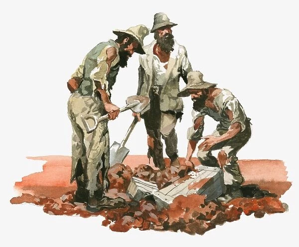 Illustration of Australian explorers Burke, Wills and King digging up boxes in outback with spades