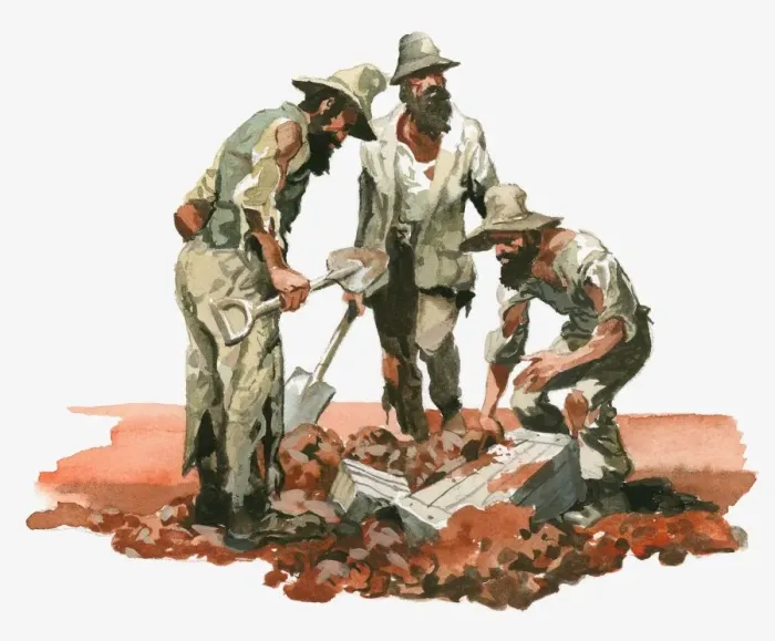 Framed Print : Illustration of Australian explorers Burke, Wills and King digging up boxes in outback with spades Framed Print : Illustration of Australian explorers Burke, Wills and King digging up boxes in outback with spades
