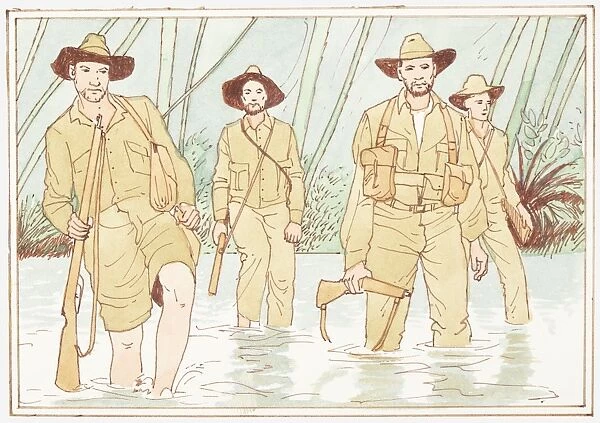Illustration of Australian soldiers of the Pacific War during World War II wading through swamp