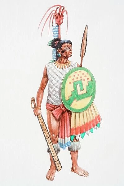 Illustration, Aztec apprentice warrior clad in loincloth carrying a spear-thrower (Atlatl) and oak darts with a stone point