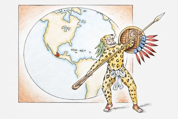 Framed Print : Illustration of Aztec Jaguar Warrior in front of map with ancient Aztec kingdom highlighted Framed Print : Illustration of Aztec Jaguar Warrior in front of map with ancient Aztec kingdom highlighted