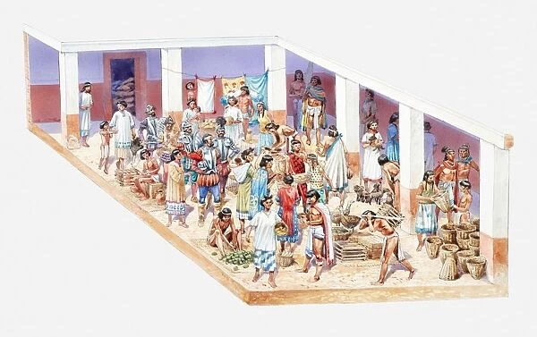 Illustration of Aztec market on Tenochtitlan