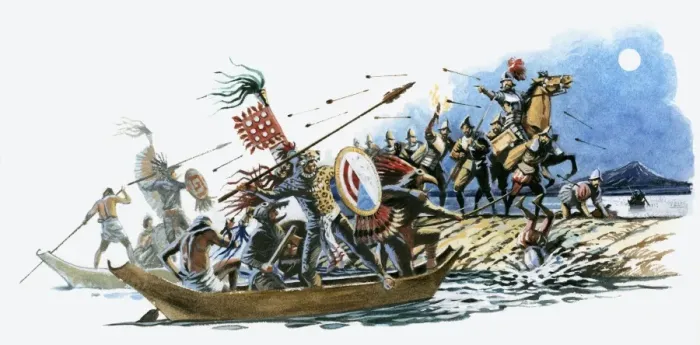 Framed Print : Illustration of Aztec warriors offshore in canoes and Cortez on land throwing spears at each other Framed Print : Illustration of Aztec warriors offshore in canoes and Cortez on land throwing spears at each other