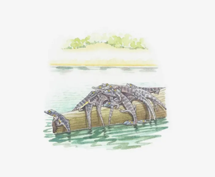 Framed Print : Illustration of baby crocodiles on log