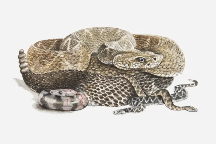 Framed Print : Illustration of baby rattlesnakes with their mother Framed Print : Illustration of baby rattlesnakes with their mother