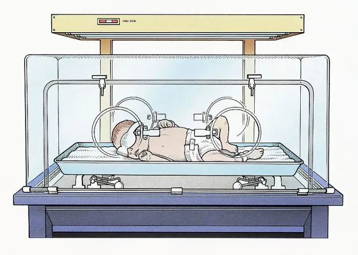 Framed Print : Illustration of baby wearing eye mask and nappy lying on back inside incubator Framed Print : Illustration of baby wearing eye mask and nappy lying on back inside incubator